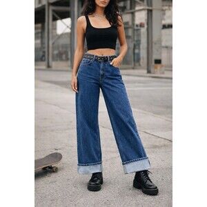 ZARA Blue Denim Wide Leg Jeans Cuffed or Uncuffed Hem 100% Cotton Size 8